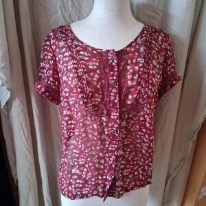 American Eagle Sz Large Burgundy Floral Semi Sheer Button-Down Top Coquette